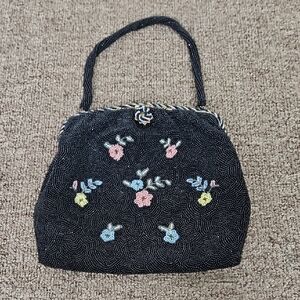 Vintage Michel Swiss Paris Black Beaded Floral Handbag 8x8